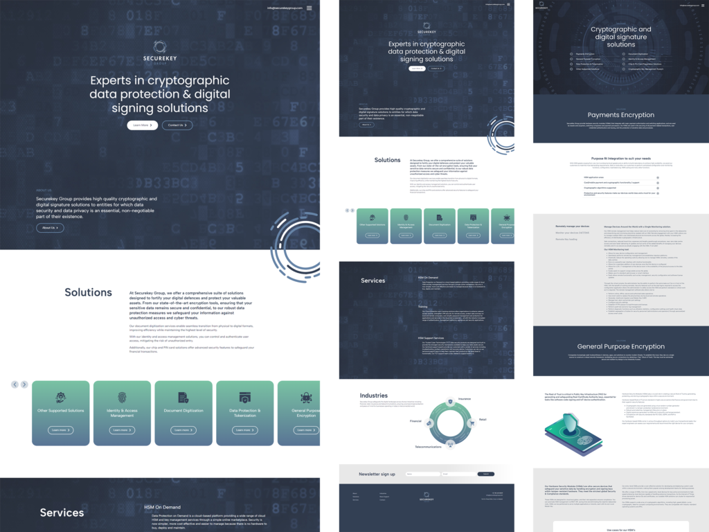 Image showcasing a secure website interface for a data security cryptography business, featuring encrypted data streams, secure lock icons, and digital safety tools.